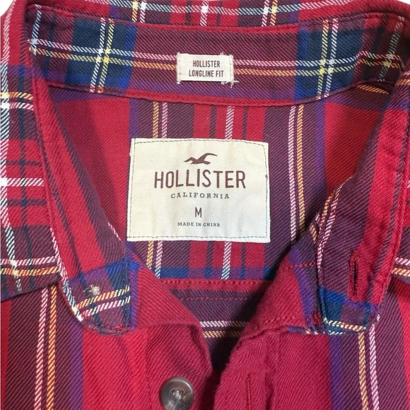 Vintage Hollister Women’s Medium Red Plaid Long Line Button-Up Collared Shirt - Picture 2 of 6